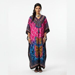 True Rock Pink & Black Print Long Maxi Caftan Dress NEW OS